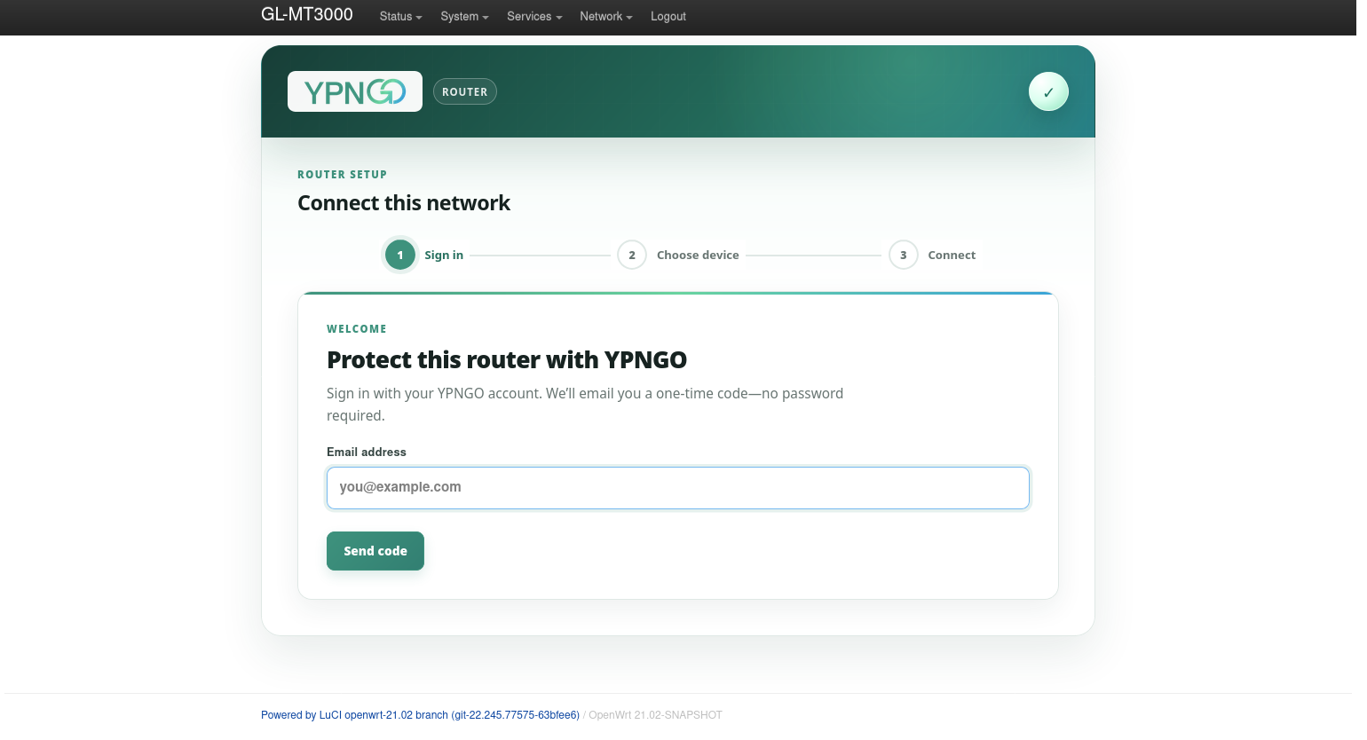 YPNGO email sign-in screen with an empty email field and Send code button